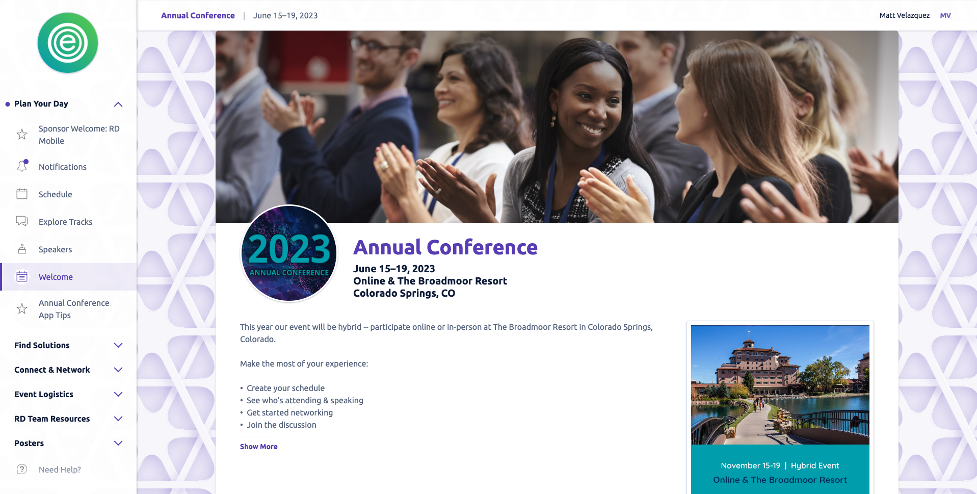 Screenshot of an example event as viewed in the responsive website, showing the event's homepage with event navigation on the left and conference info in the main content area
